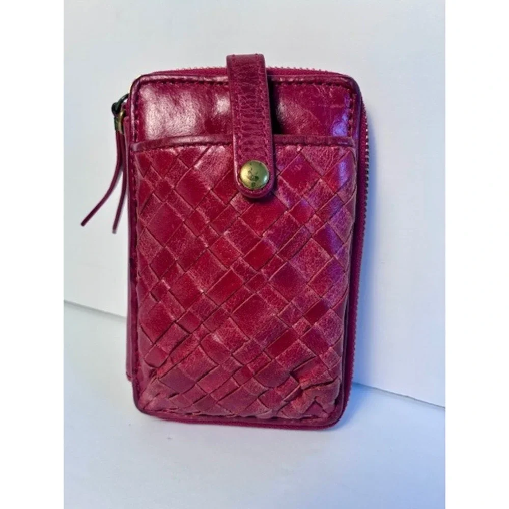 Elliott Lucca Red Woven Leather Zip Around Wallet Phone Pocket Boho‎ Clutch